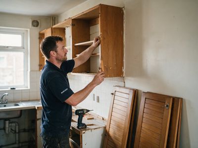 Monteur baut alte Küchenoberschränke in einer Wohnung ab