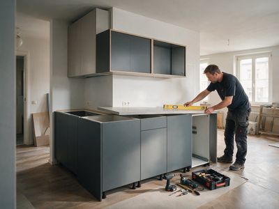 Monteur legt eine Wasserwaage auf die Arbeitsplatte einer neuen Küche