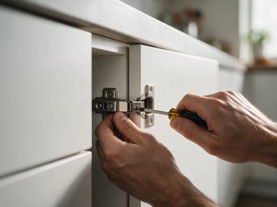 Hände stellen mit dem Schraubendreher ein Scharnier an einer weißen Kastentür nach