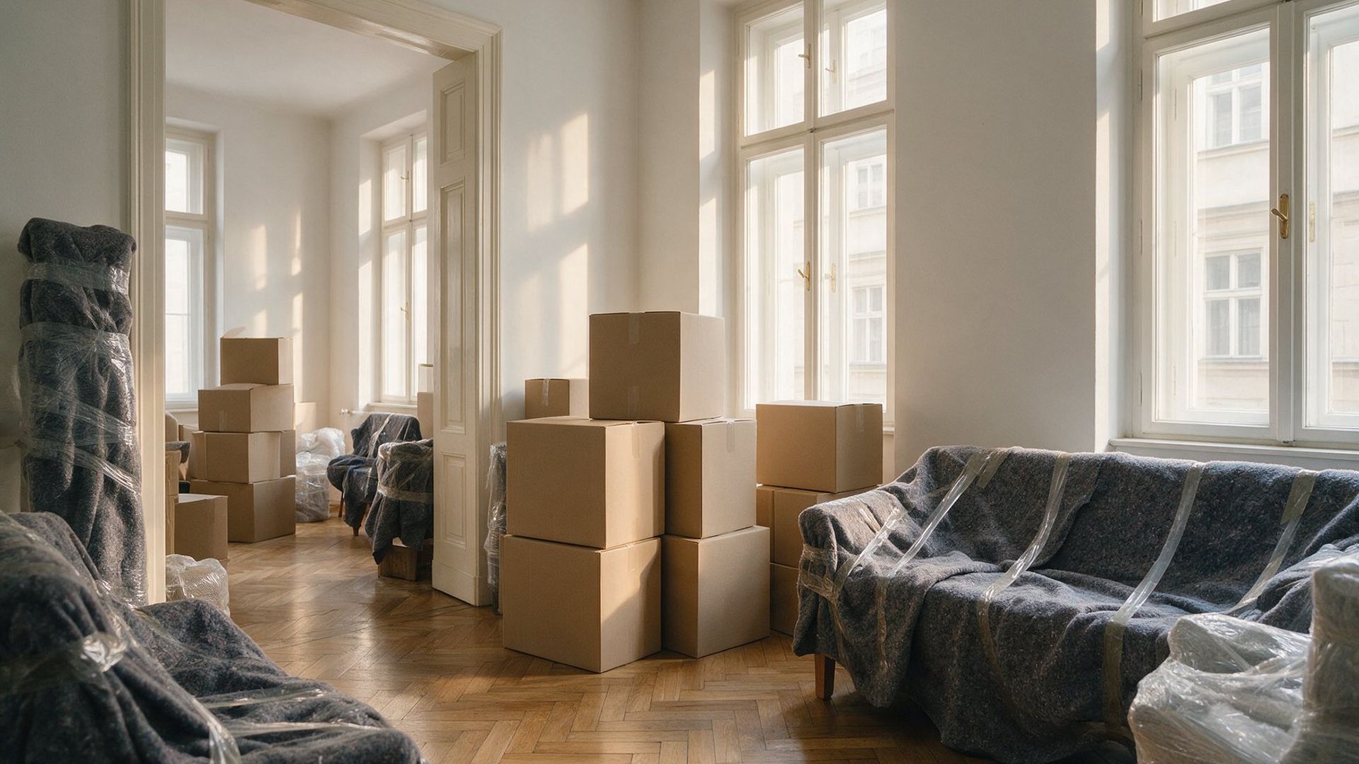 Umzugskartons und in Decken verpackte Möbel in einer leeren Altbauwohnung
