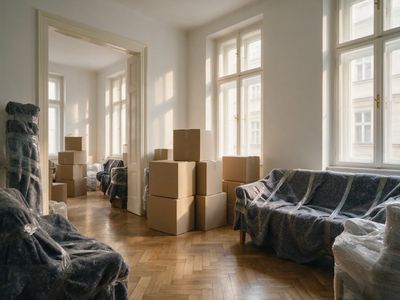 Umzugskartons und in Decken verpackte Möbel in einer leeren Altbauwohnung